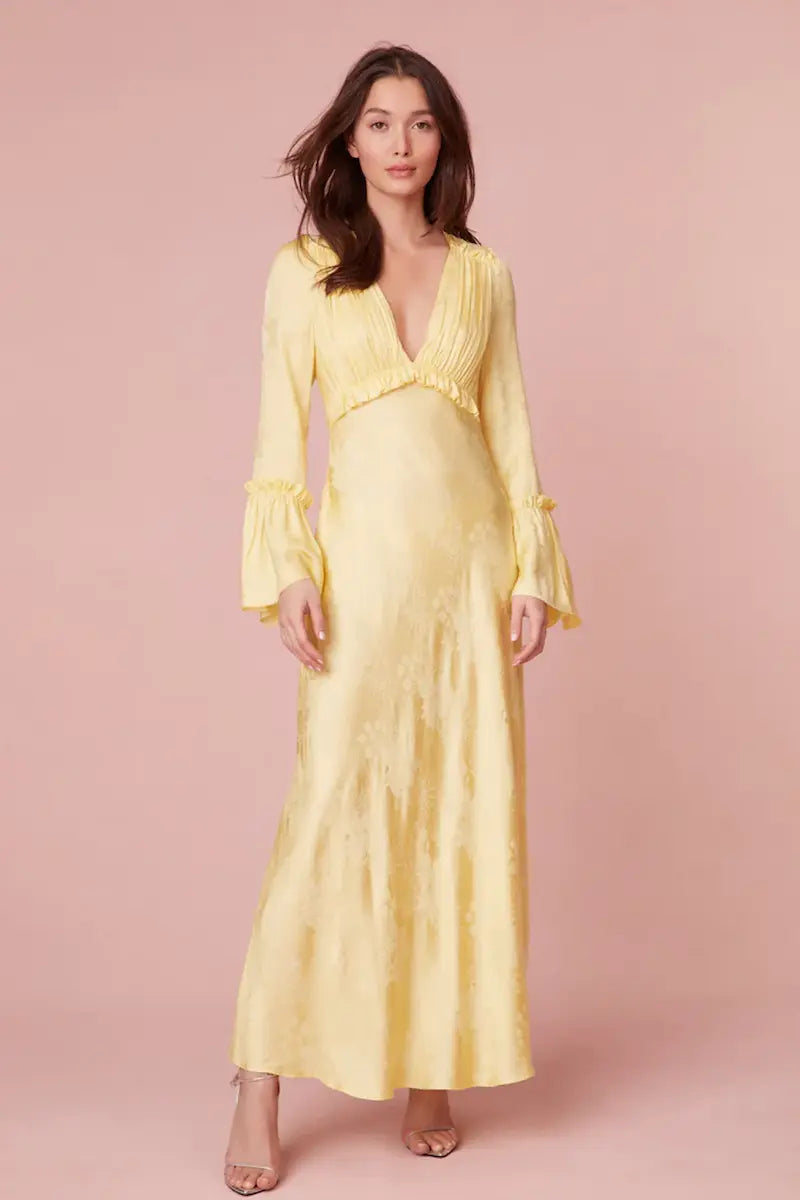 LoveShackFancy Kalona Silk-Blend Jacquard Maxi Dress - Pastel Yellow LoveShackFancy Kalona Silk-Blend Jacquard Maxi Dress - Pastel Yellow