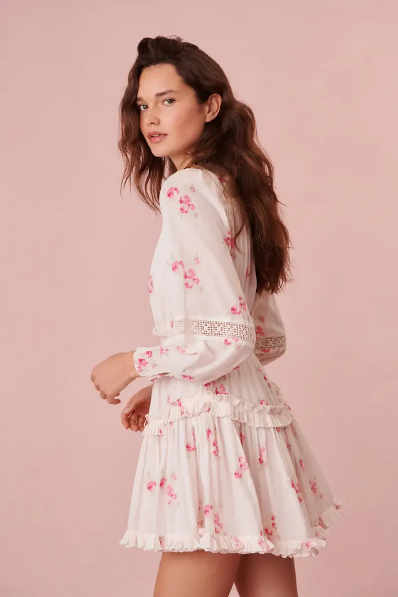 love shack fancy pink floral dress LoveShackFancy Brinley in Rose dyed and printed silk dresses and separates that embody a lux bohemian lifestyle with whimsical pieces Love Shack Fancy- Violet Dress-