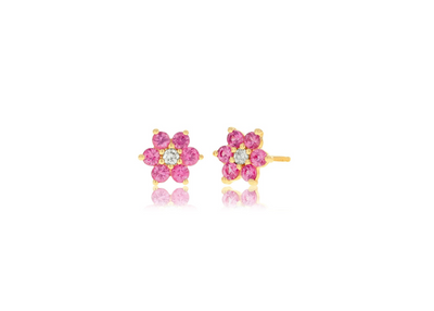 Diamond and Pink Sapphire Flower Cluster Stud Earrings
